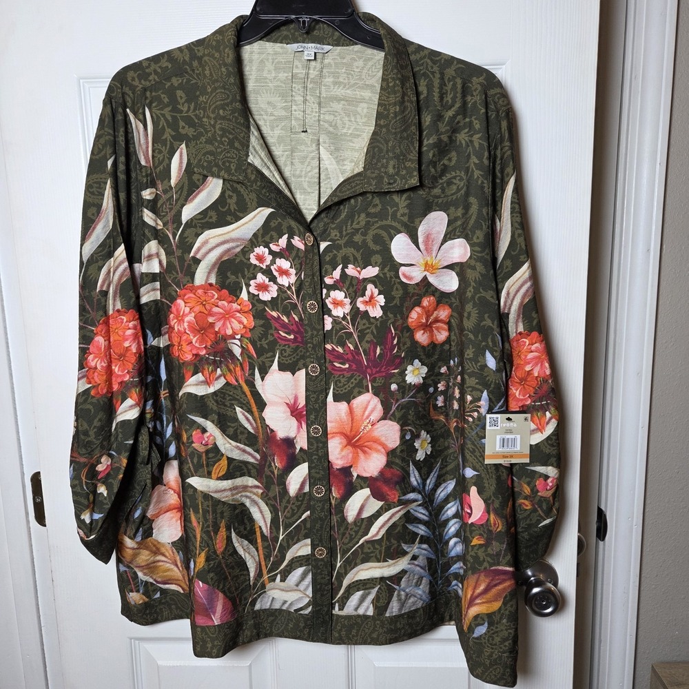 John Mark sz 3X green floral button up tunic top NWT boho garden casual feminine